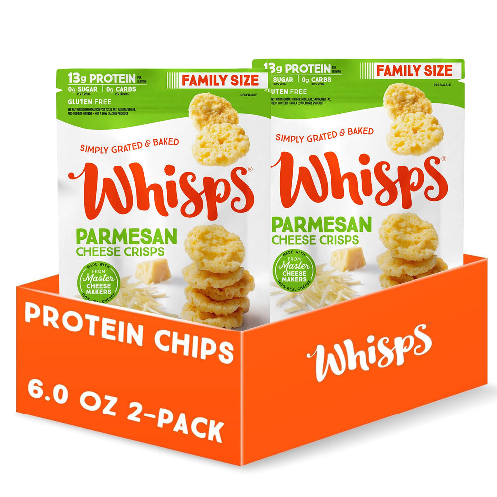 Whisps Parmesan Cheese Crisps bag on display, a high-protein keto snack choice.