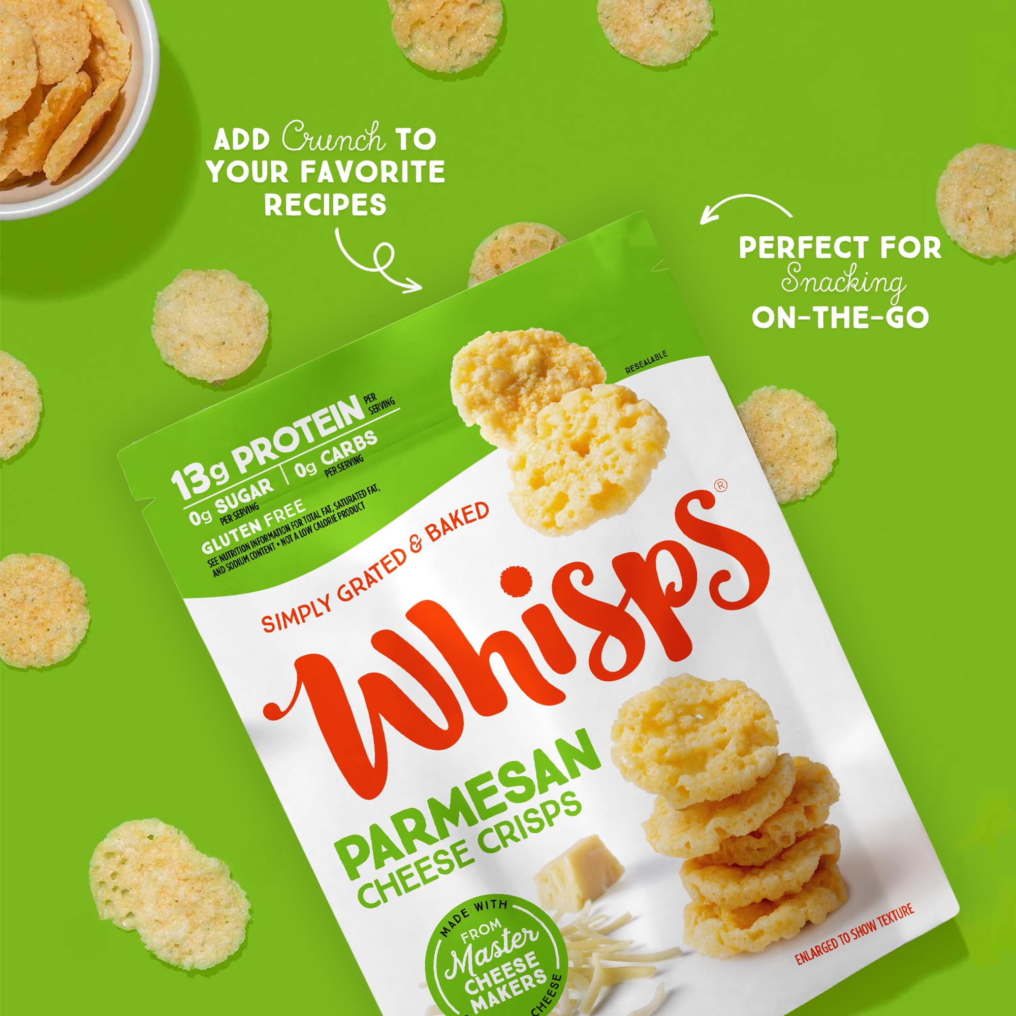 Whisps bag opened, showcasing portion-controlled snack for lunches.