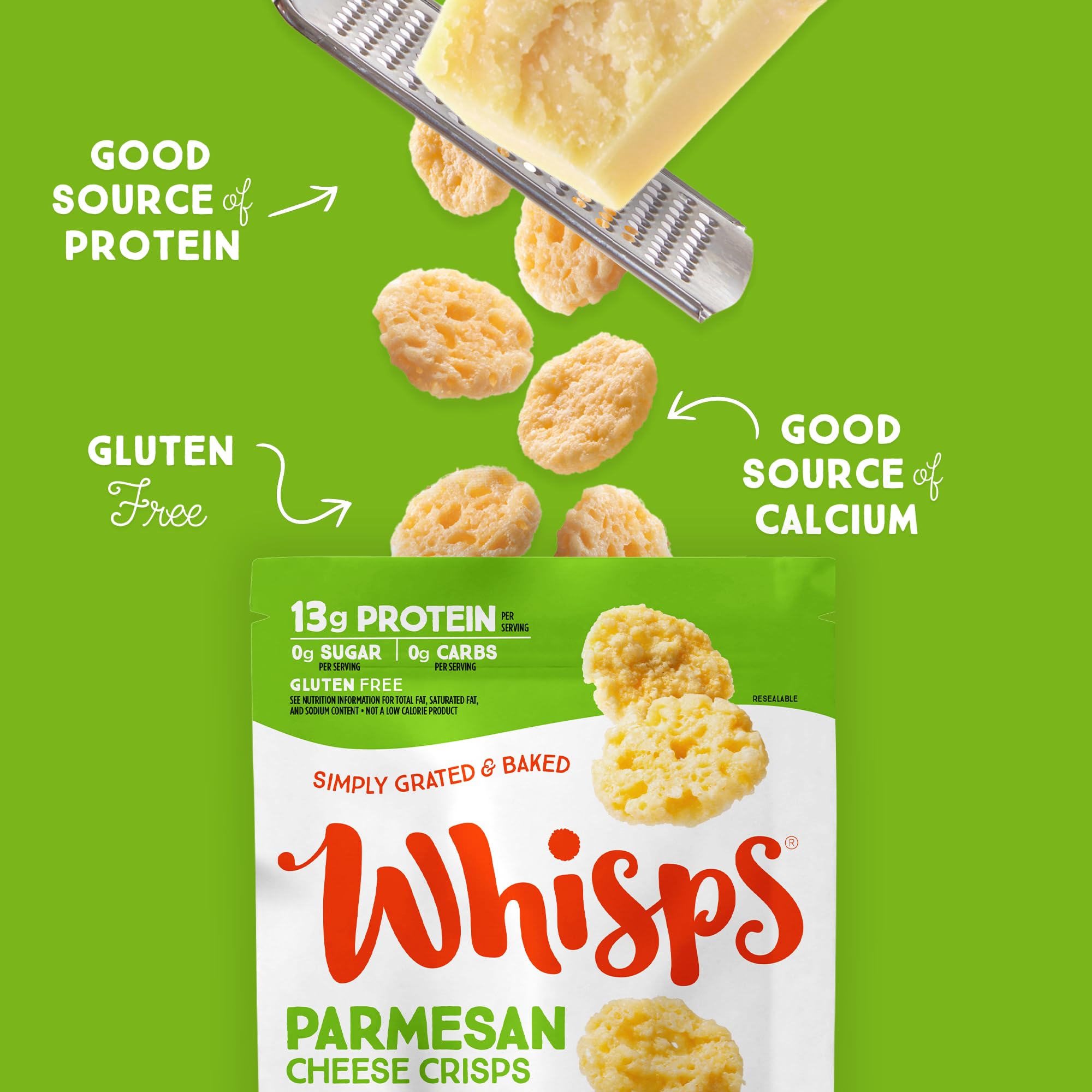 Whisps Parmesan Crisps shown as a keto-friendly snack option.