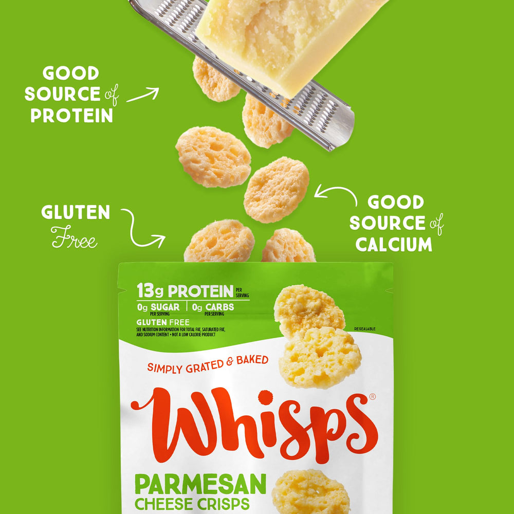 Whisps Parmesan Crisps shown as a keto-friendly snack option.