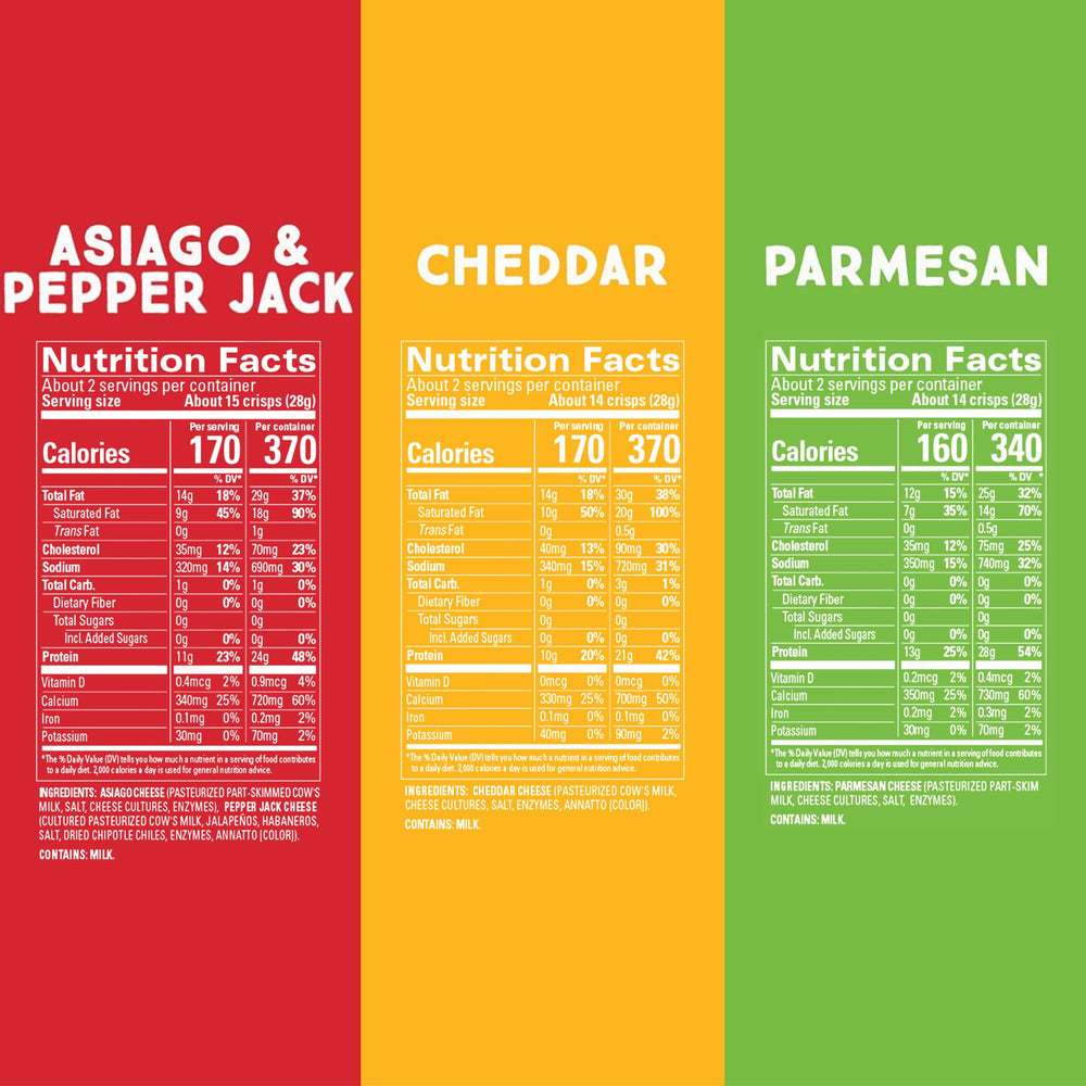 Whisps variety-pack assorted flavors showcase Parmesan, Cheddar, Asiago, Pepper Jack