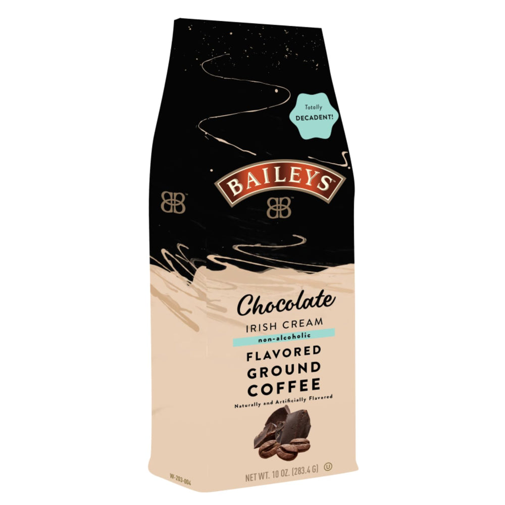 White Coffee Baileys Chocolate Irish Cream ground coffee in a 10oz bag, creamy and versatile.