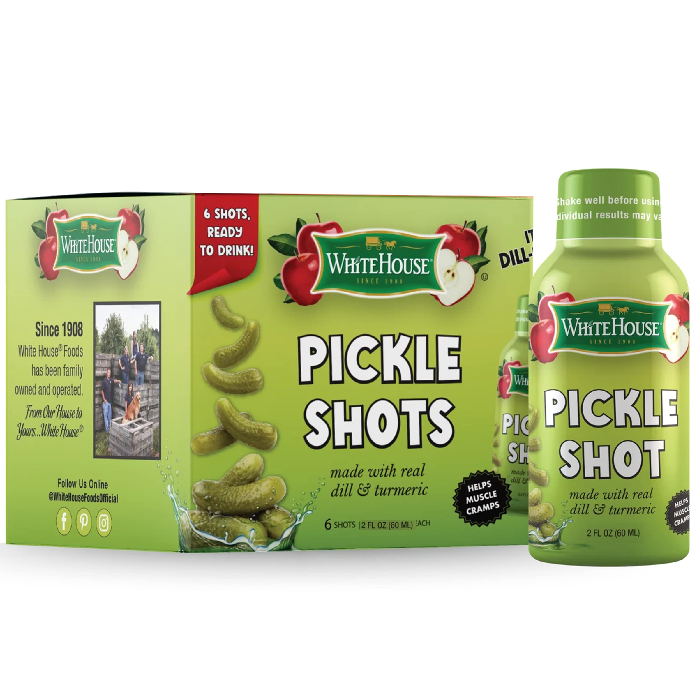 White House Pickle Shots bottle with dill and turmeric for on-the-go hydration.
