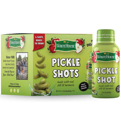White House Pickle Shots bottle with dill and turmeric for on-the-go hydration.
