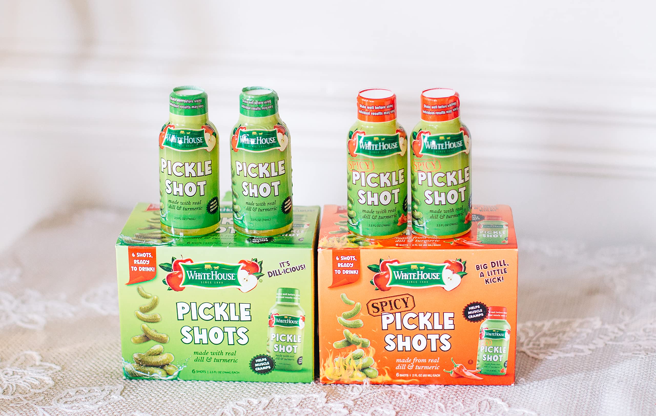 White House Pickle Shots showing dill and ACV ingredients for electrolyte support.