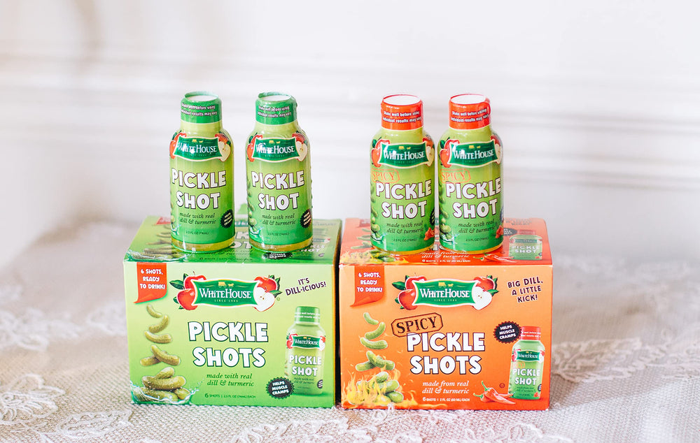 White House Pickle Shots showing dill and ACV ingredients for electrolyte support.