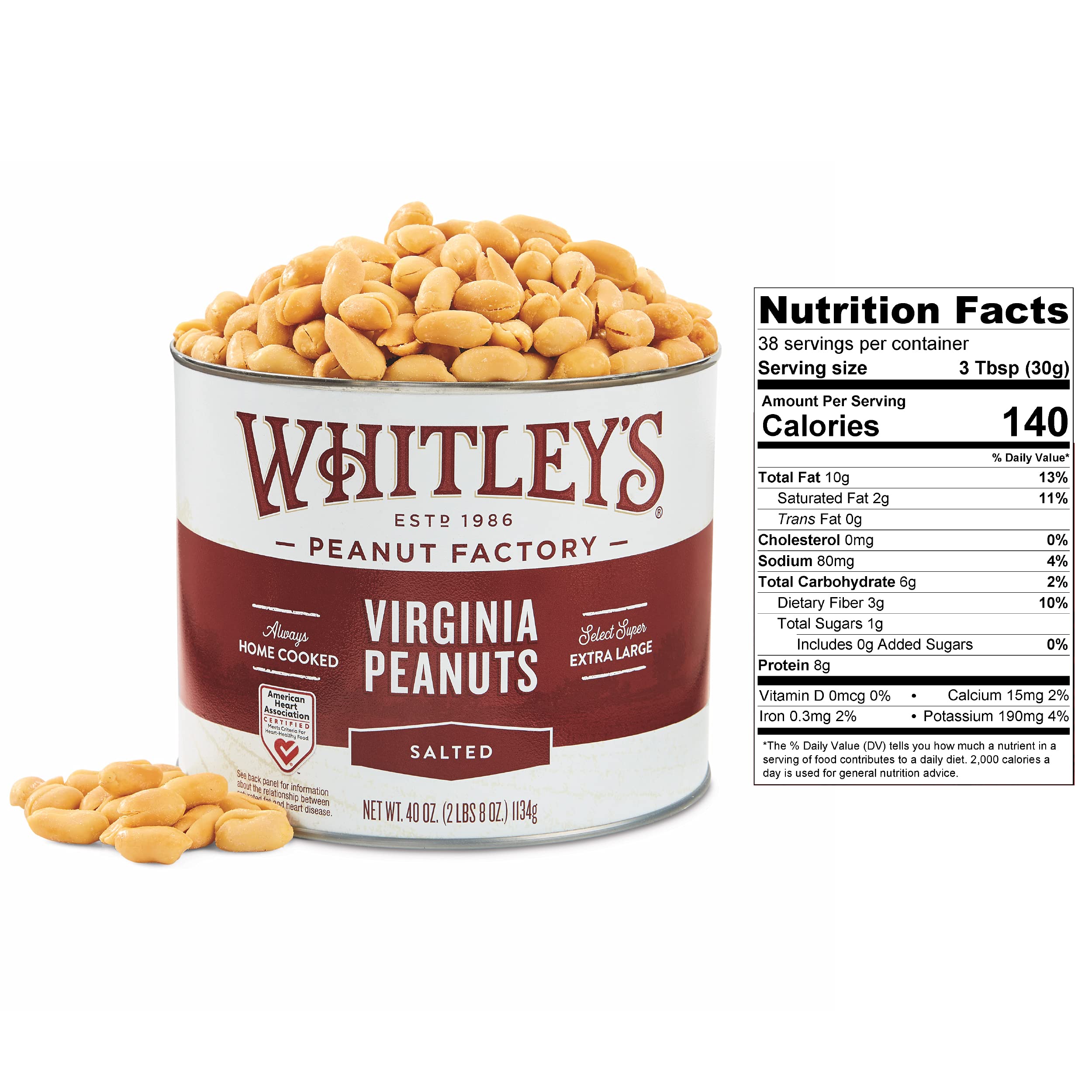 Whitley's hand cooked Virginia peanuts offer crisp, rich flavor and texture