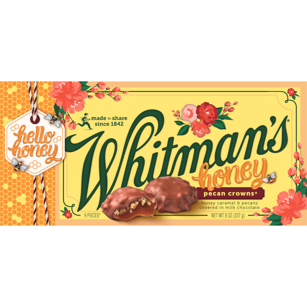 Whitmans Honey Pecan Crowns gift box with rich caramel and pecans in milk chocolate.