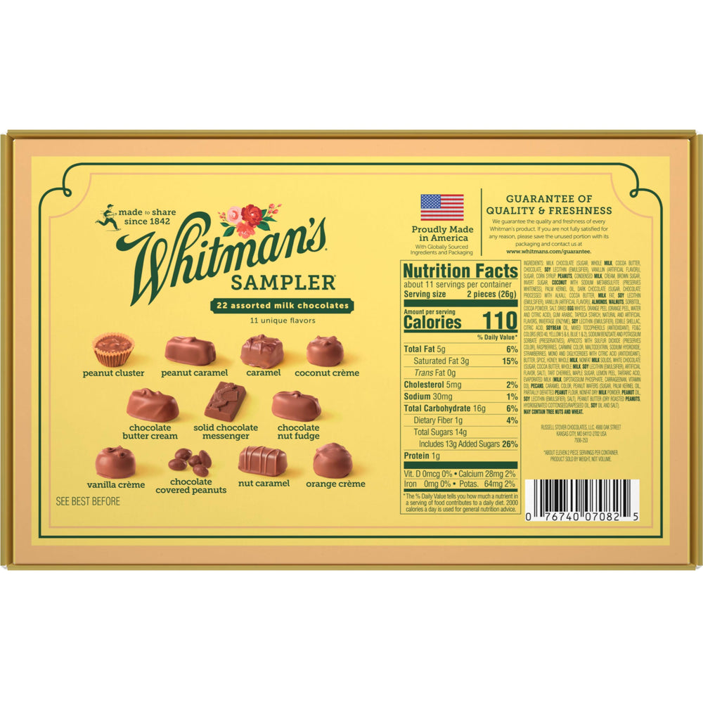 Whitman's Sampler back-of-box heritage panel outlining quality history.