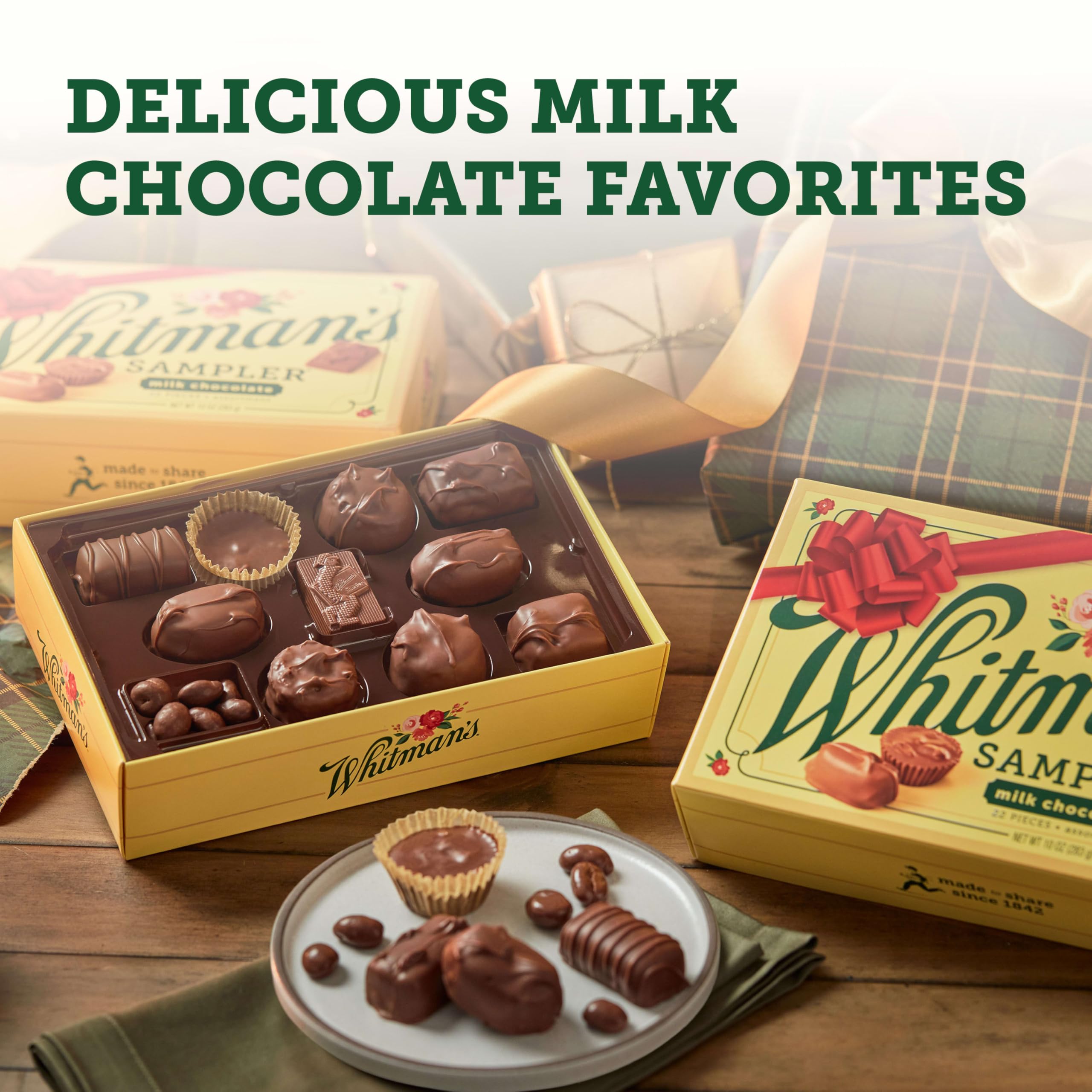 Whitman's Sampler caramel coconut creme close-up with glossy wrappers.