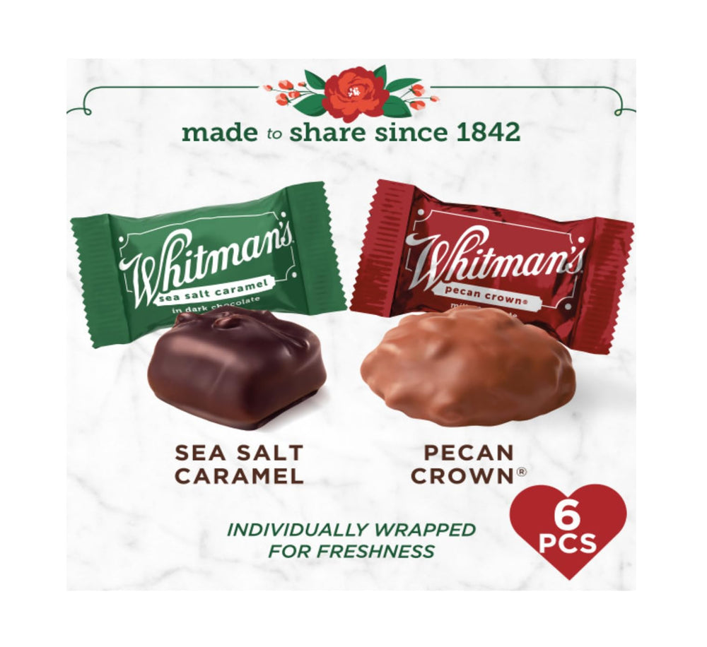 Whitman's dark chocolate sea salt caramel close-up with cocoa and caramel contrast