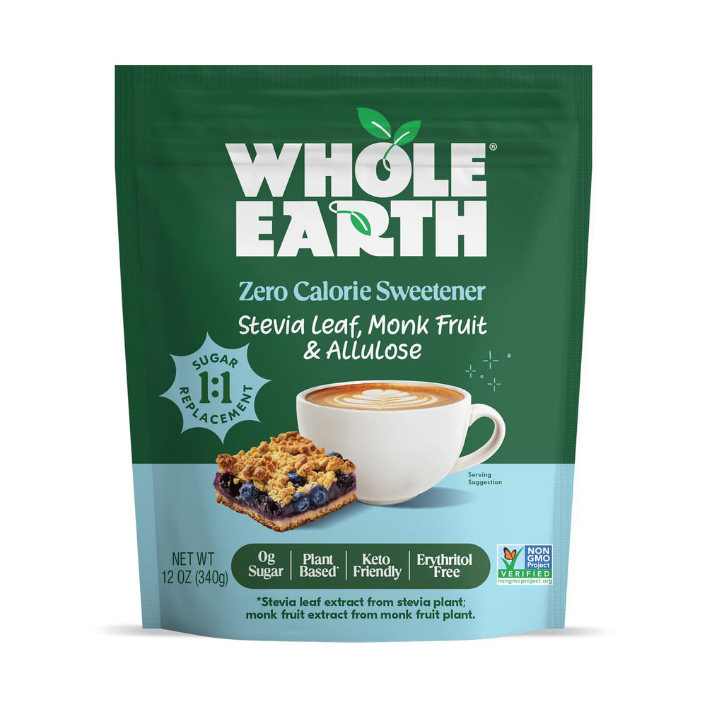 Whole Earth Allulose Baking Blend bottle shows granulated texture for sugar-free baking.