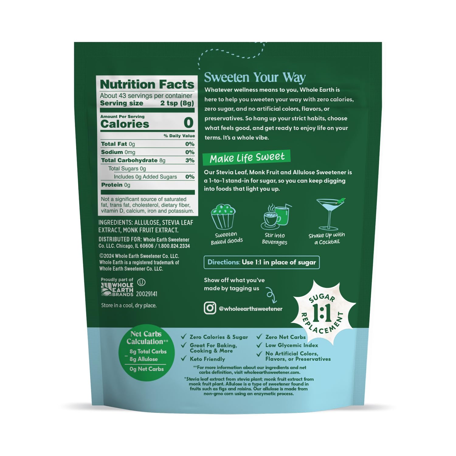 Whole Earth Allulose Baking Blend jar highlights keto-friendly sweetener for baking and beverages.