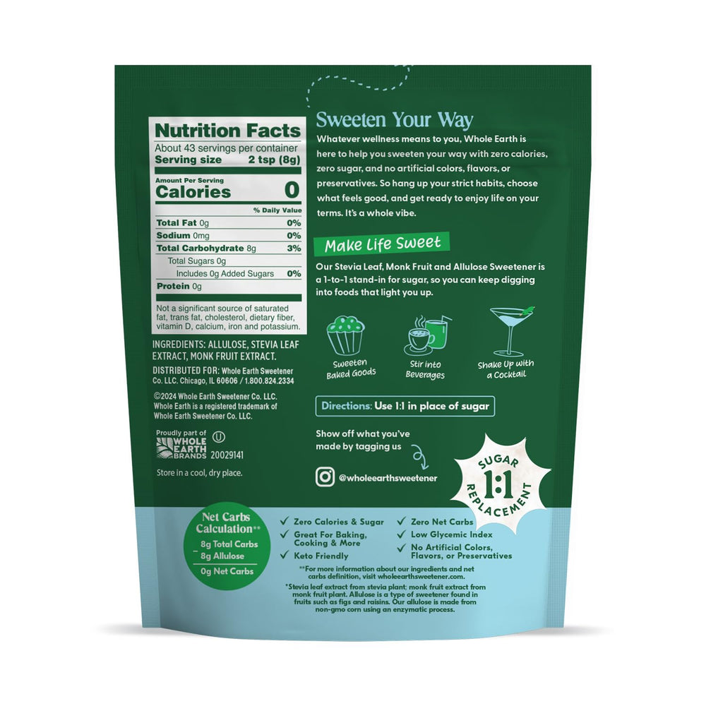 Whole Earth Allulose Baking Blend jar highlights keto-friendly sweetener for baking and beverages.