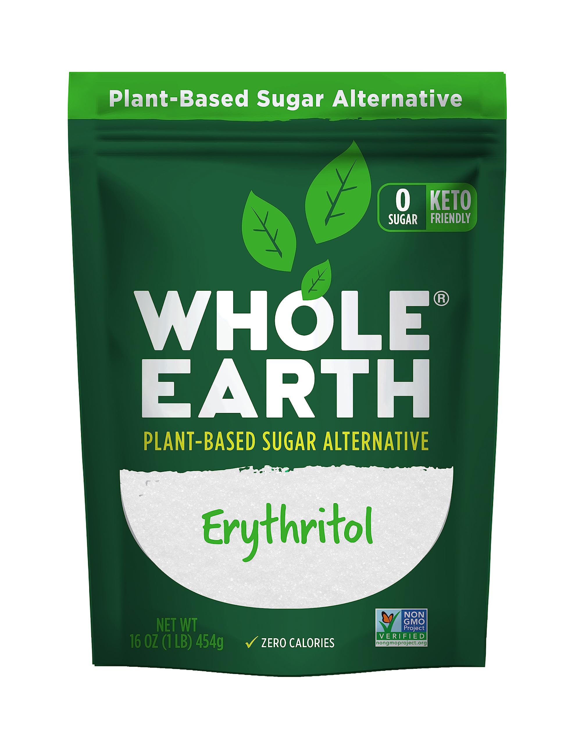 Whole Earth erythritol pouch front shows keto-friendly, zero calorie sweetener.