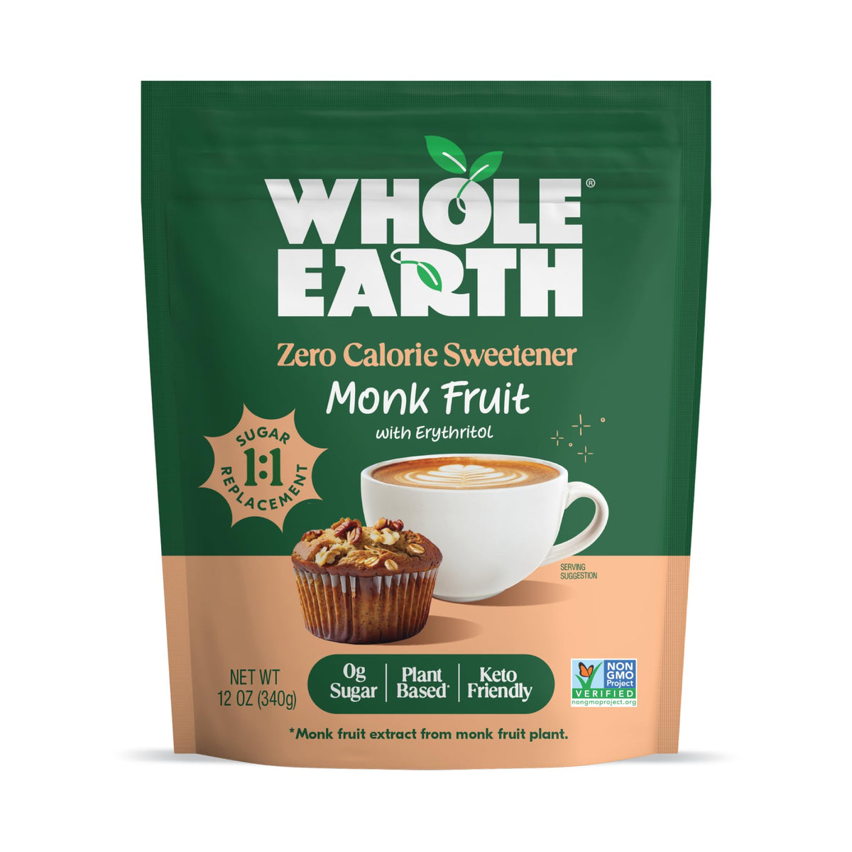 Whole Earth Monk Fruit with Erythritol bottle adds zero-calorie sweetness to beverages