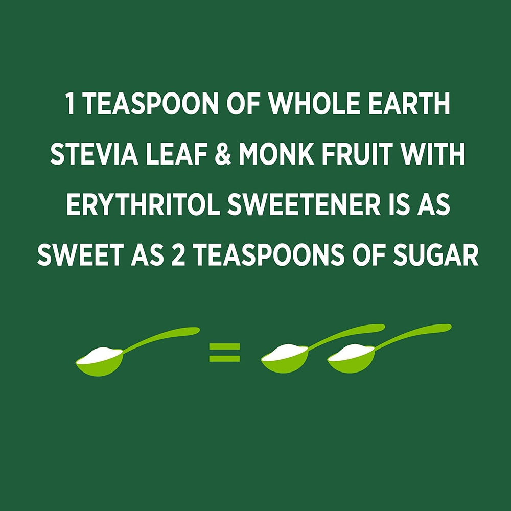 Whole Earth Monk Fruit Sweetener with Erythritol beside a coffee cup for keto-friendly sweetness.
