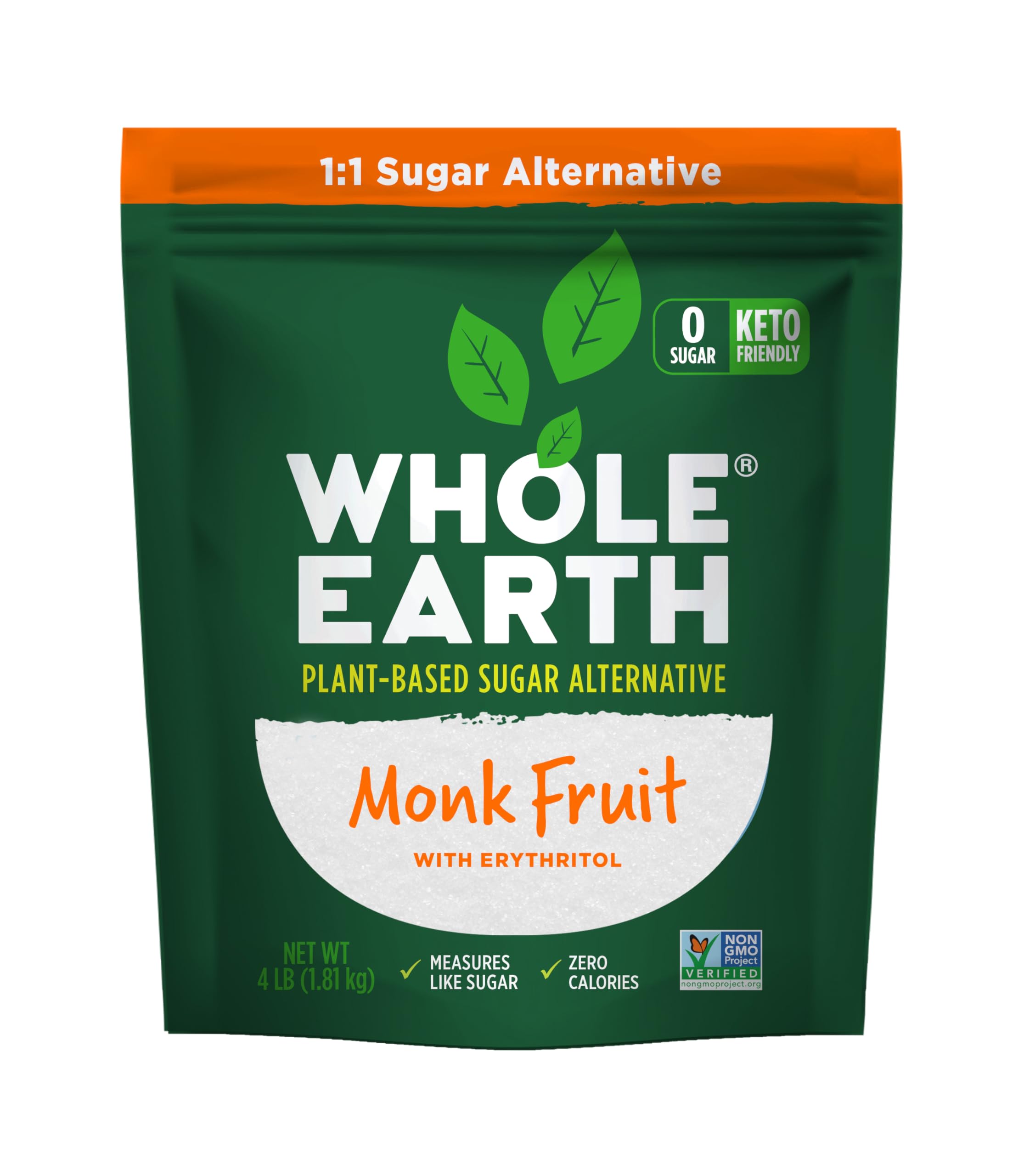 Whole Earth Monk Fruit Sweetener with Erythritol jar on kitchen counter for baking and cooking.