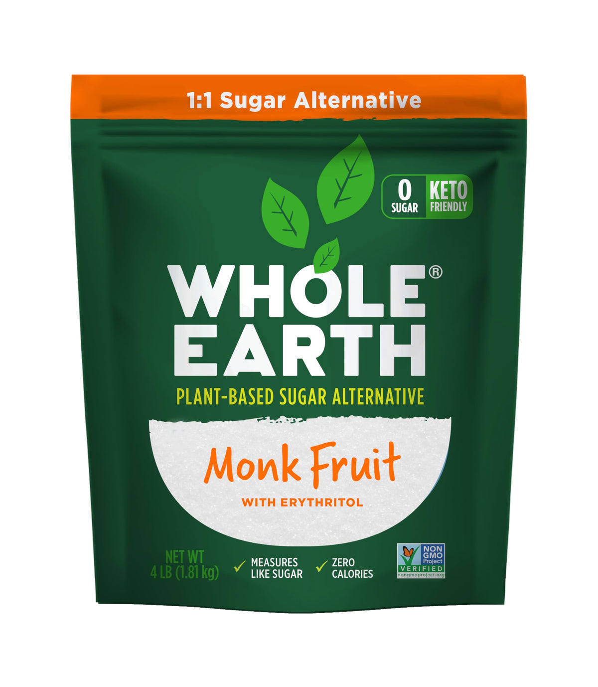 Whole Earth Monk Fruit Sweetener with Erythritol jar on kitchen counter for baking and cooking.