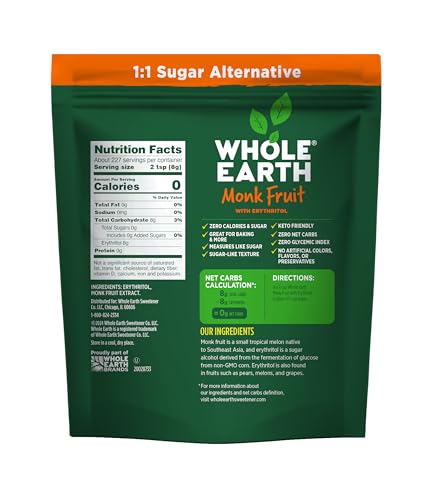Whole Earth Monk Fruit Sweetener packets collection as a convenient zero-calorie option for drinks.