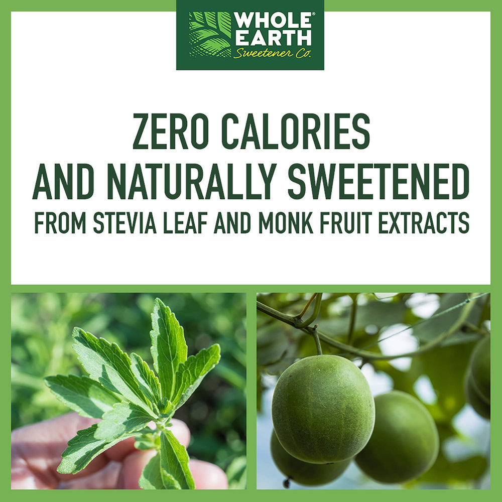 Close view of Whole Earth Stevia and Monk Fruit Sweetener ingredients showing non-GMO and gluten-free blend.