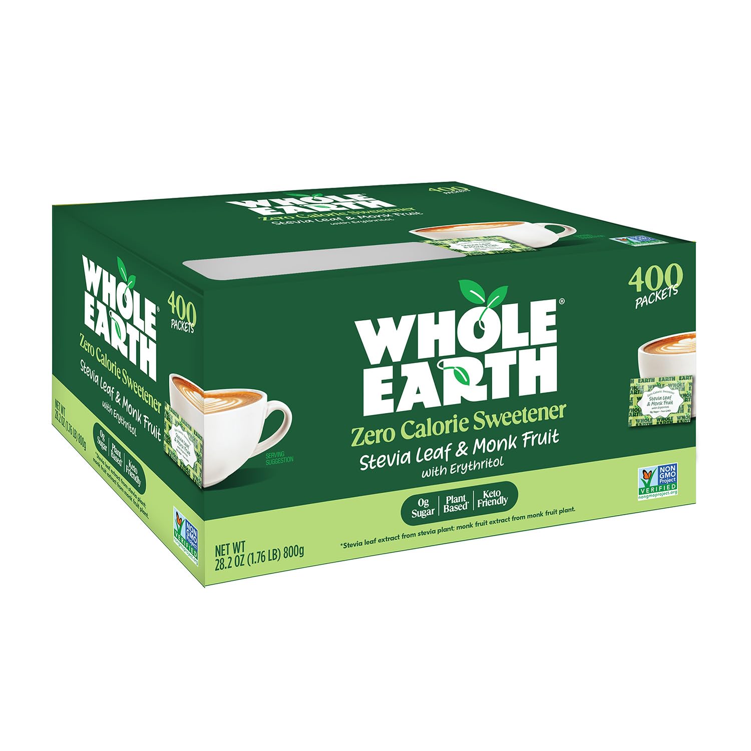 Whole Earth stevia-monk-fruit packets offer zero-calorie sweetness in beverages.