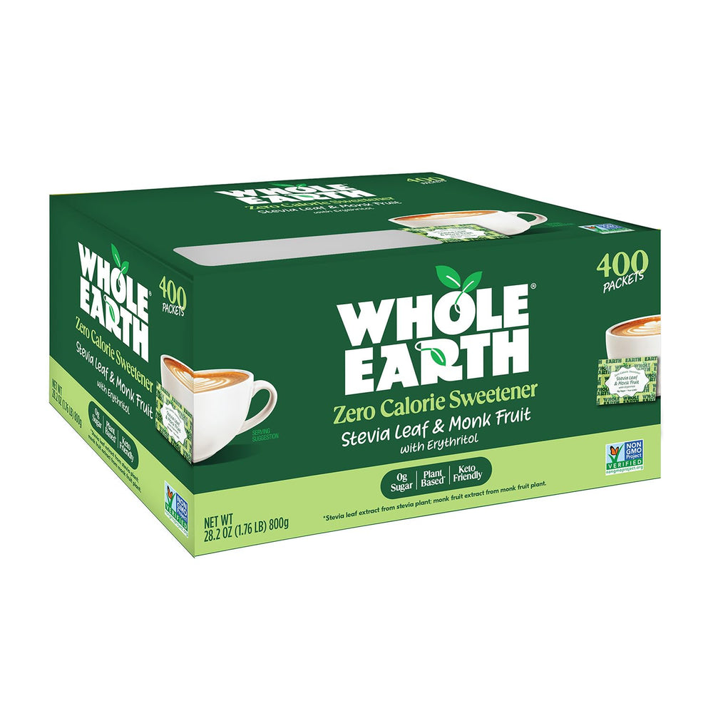 Whole Earth stevia-monk-fruit packets offer zero-calorie sweetness in beverages.