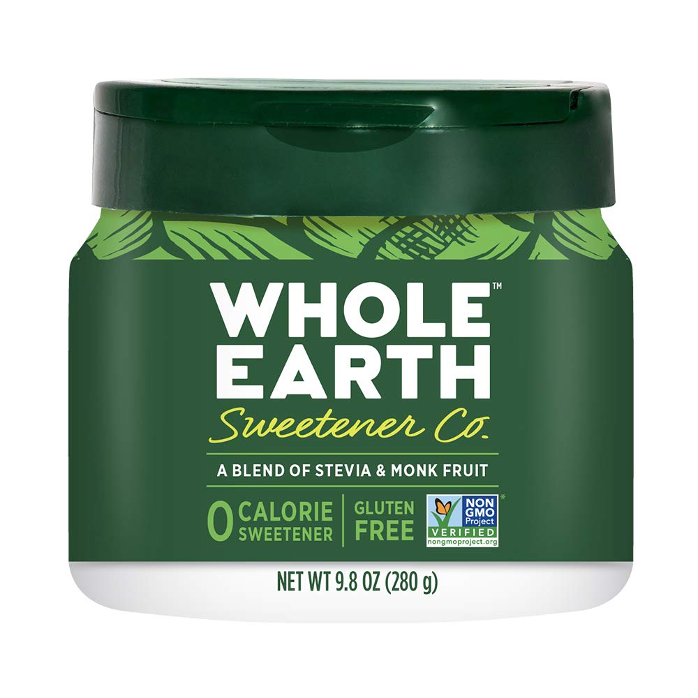 Whole Earth Stevia and Monk Fruit Sweetener jar front, zero-calorie sugar substitute for coffee.