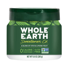 Whole Earth Stevia and Monk Fruit Sweetener jar front, zero-calorie sugar substitute for coffee.