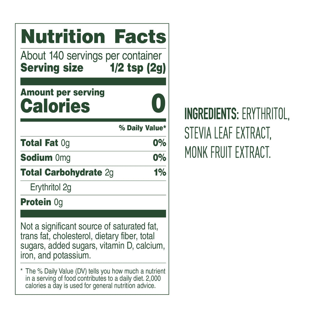 Whole Earth Stevia and Monk Fruit Sweetener jar pour shows convenient dual flip-top lid for easy pouring.