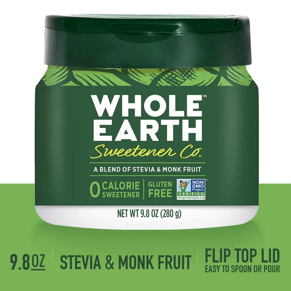 Spoonful of Whole Earth Stevia and Monk Fruit Sweetener for precise baking and beverages.