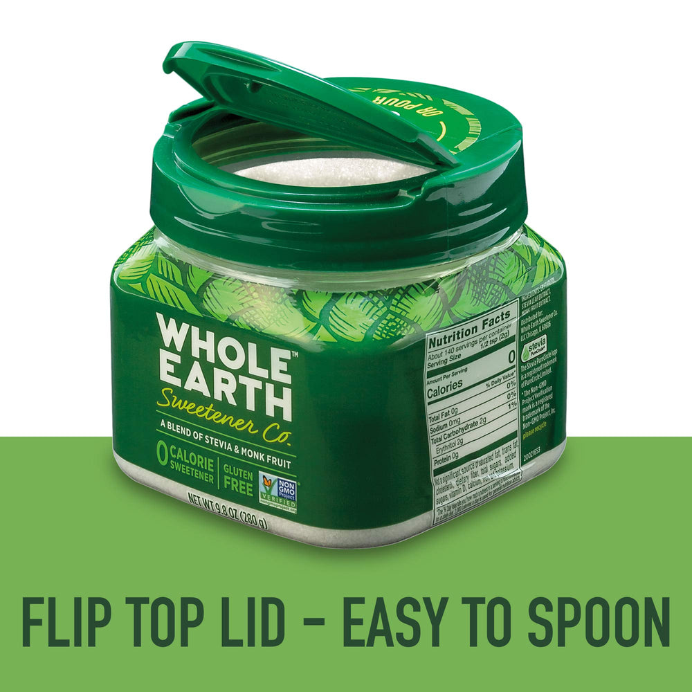 Whole Earth Stevia and Monk Fruit Sweetener added to tea for natural sweetness without sugar.