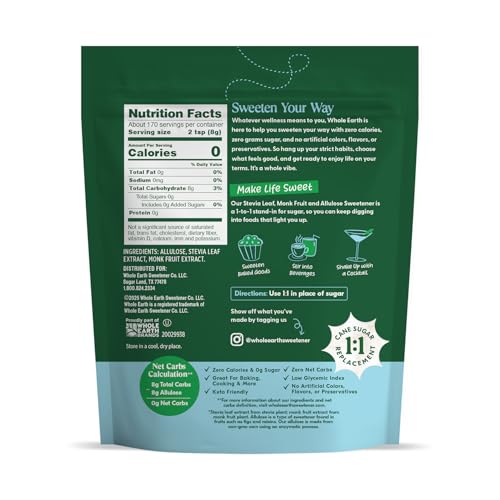 Whole Earth sweetener label closeup shows 1:1 sweetness with no calories.