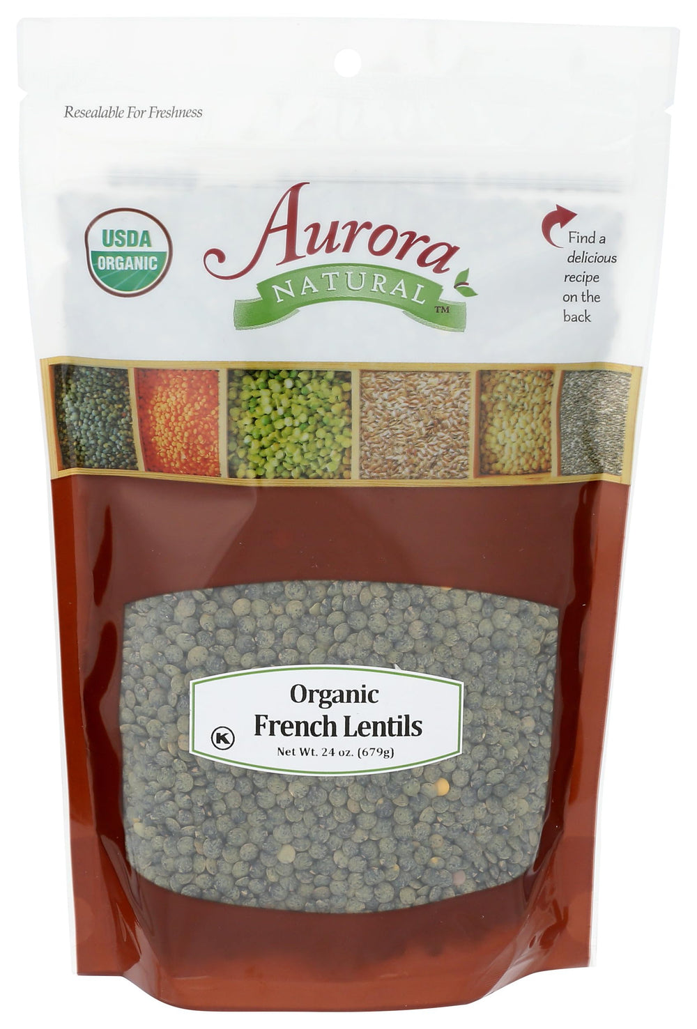 Whole Foods Market Aurora Organic French Lentils in a 24 oz bag, versatile for meals.