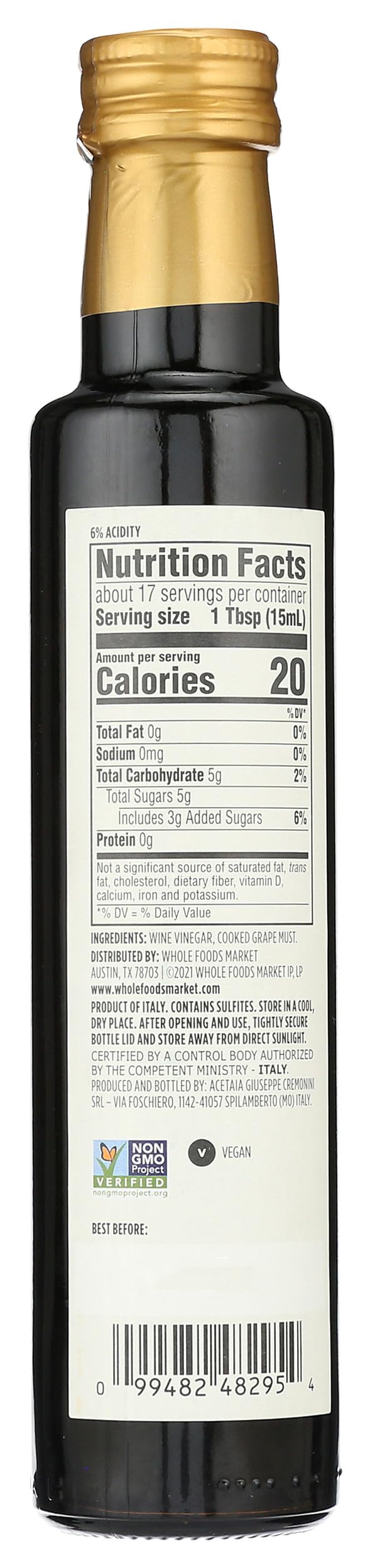 Whole Foods Market balsamic vinegar Modena glass pour shows smooth finish for salads.
