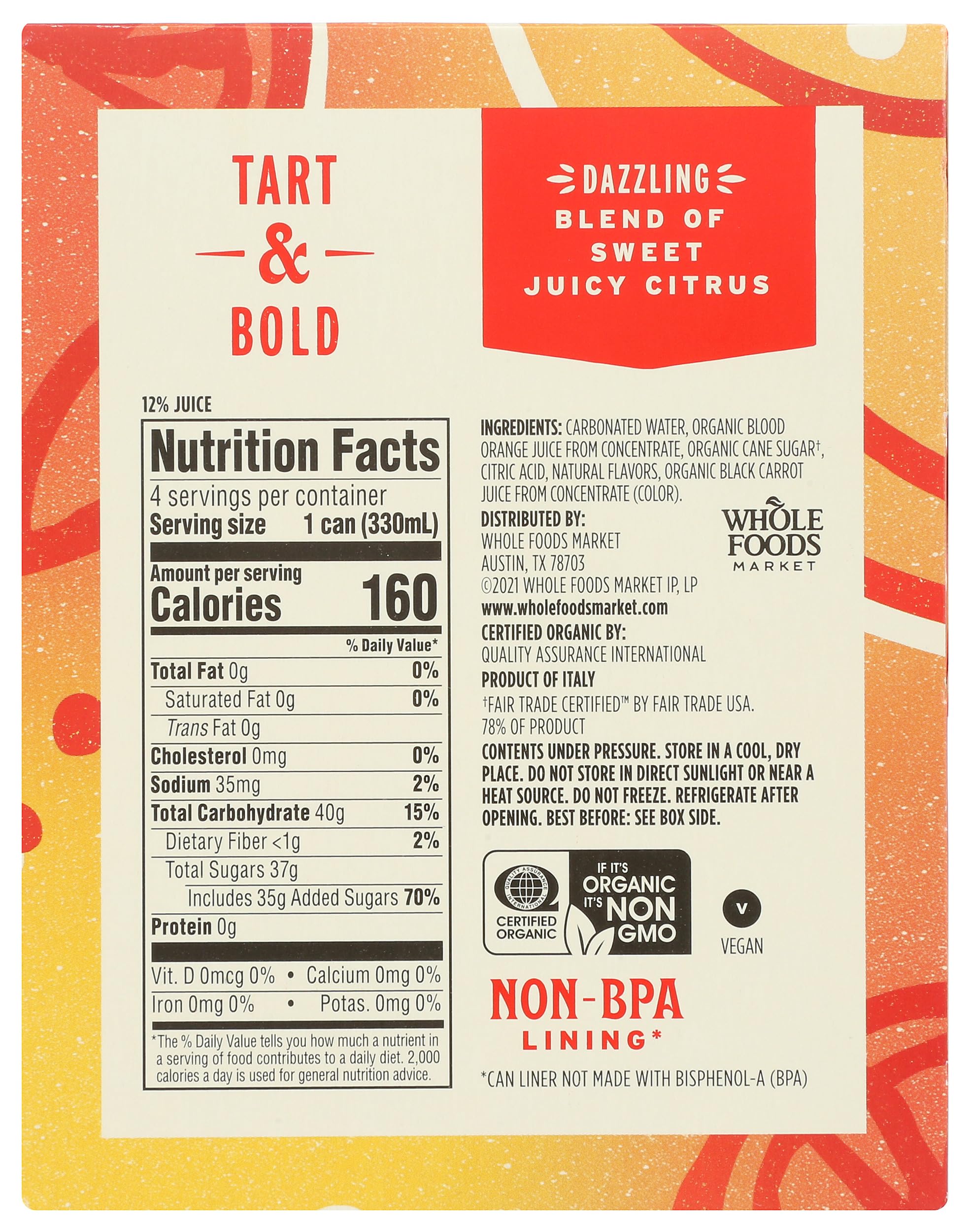 Whole Foods Market Blood Orange Italian Soda bottles, vivid color and natural ingredients.