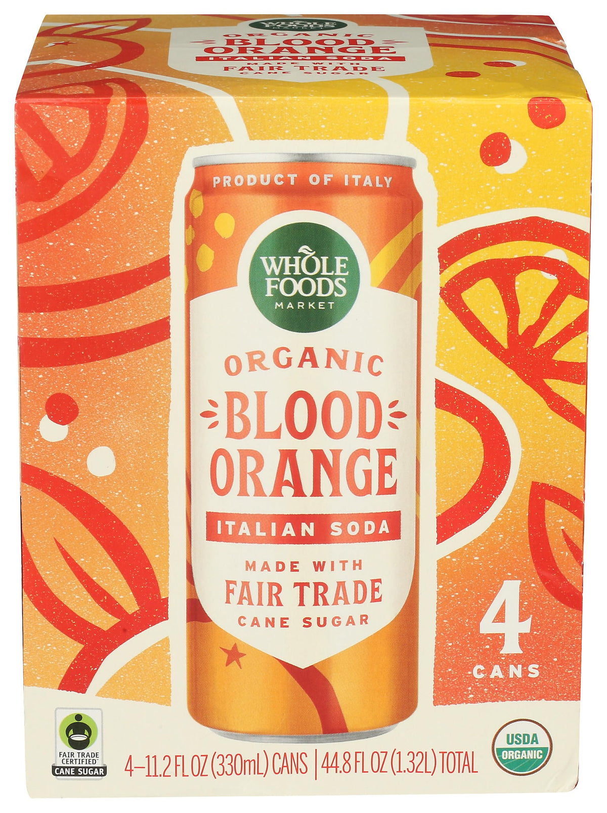 Whole Foods Market Blood Orange Italian Soda four-pack, crisp refreshment for gatherings.