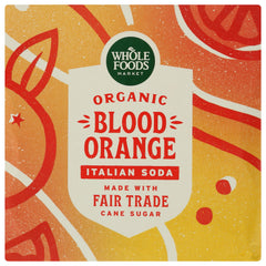 Whole Foods Market Blood Orange Italian Soda label, non-GMO assurance on each bottle.