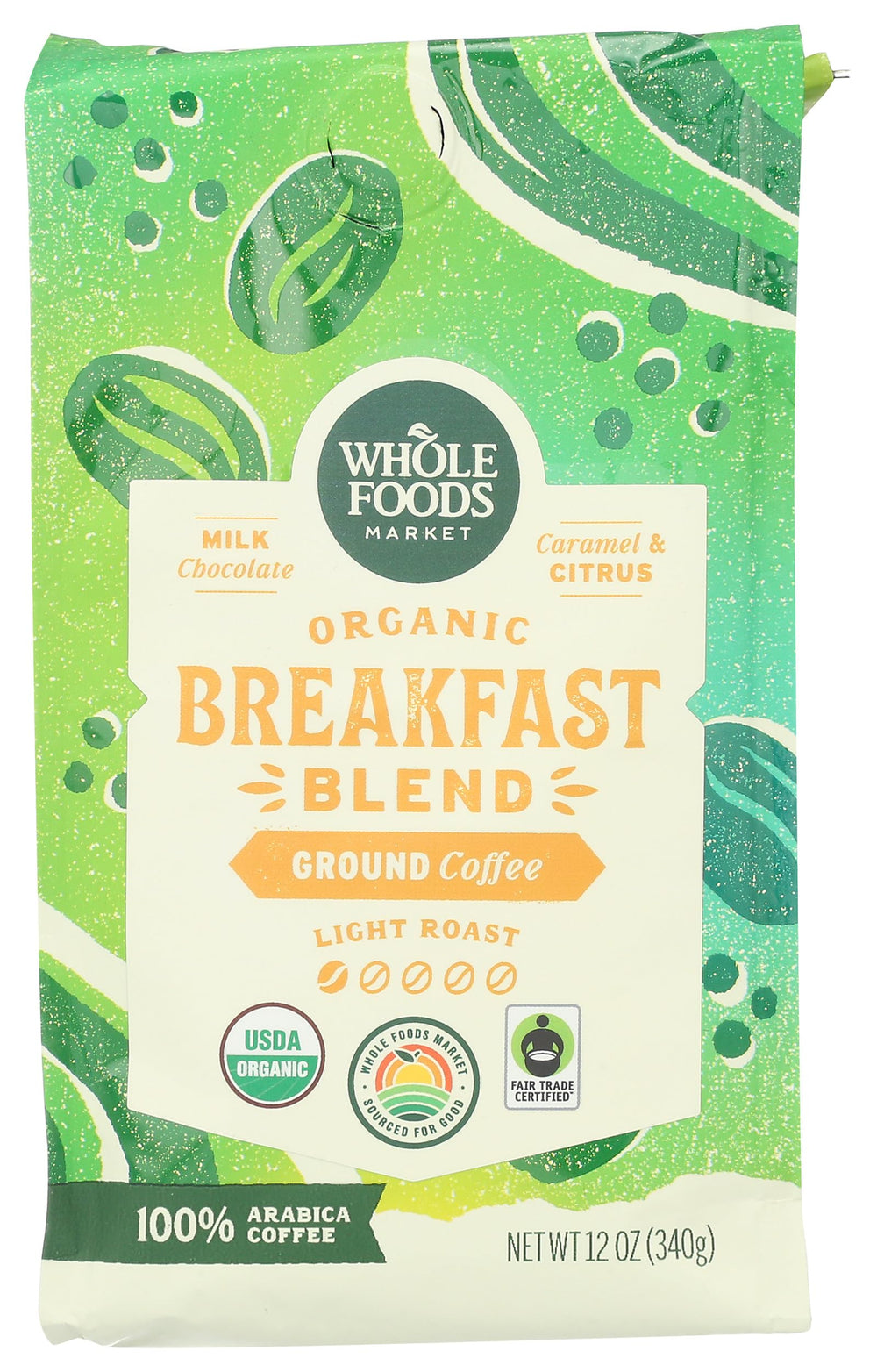 Whole Foods Market Breakfast Blend ground coffee bag for easy morning brew.