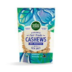 Whole Foods Market cashews dry roasted with sea salt offer a crunchy, crave-worthy snack.