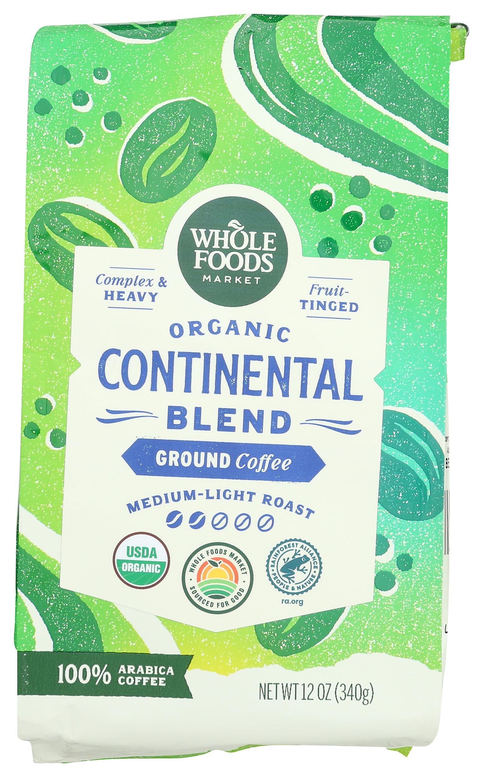Whole Foods Market Continental Blend ground coffee in a sealed bag preserves freshness