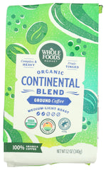 Whole Foods Market Continental Blend ground coffee in a sealed bag preserves freshness