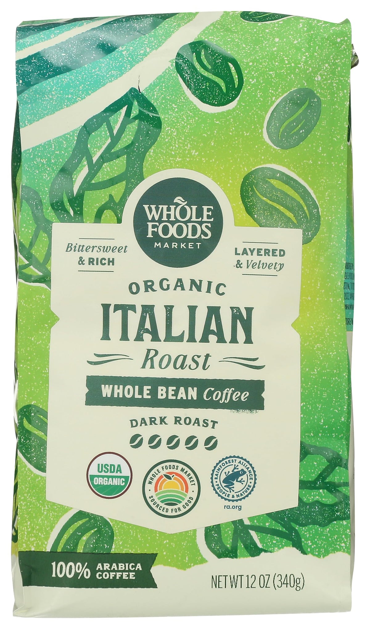 Whole Foods Market dark Italian Roast coffee beans for a bold morning start