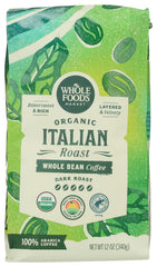 Whole Foods Market dark Italian Roast coffee beans for a bold morning start