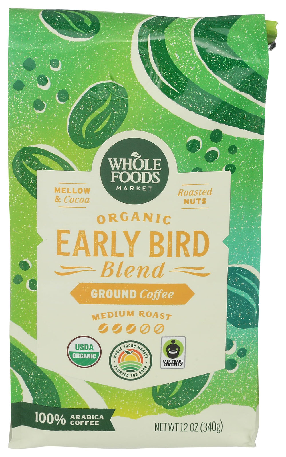 Whole Foods Market Early Bird Blend cocoa notes in a coffee cup to start the day