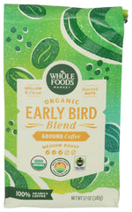 Whole Foods Market Early Bird Blend cocoa notes in a coffee cup to start the day