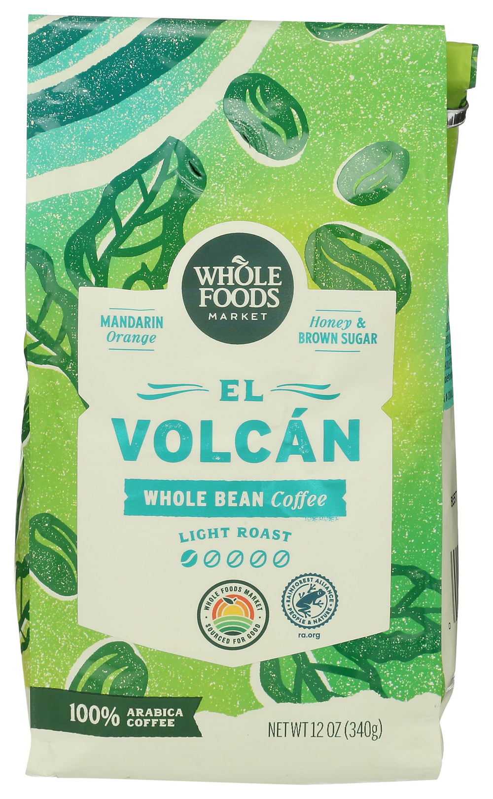 Whole Foods Market El Volcan light roast bag front label shows freshness.
