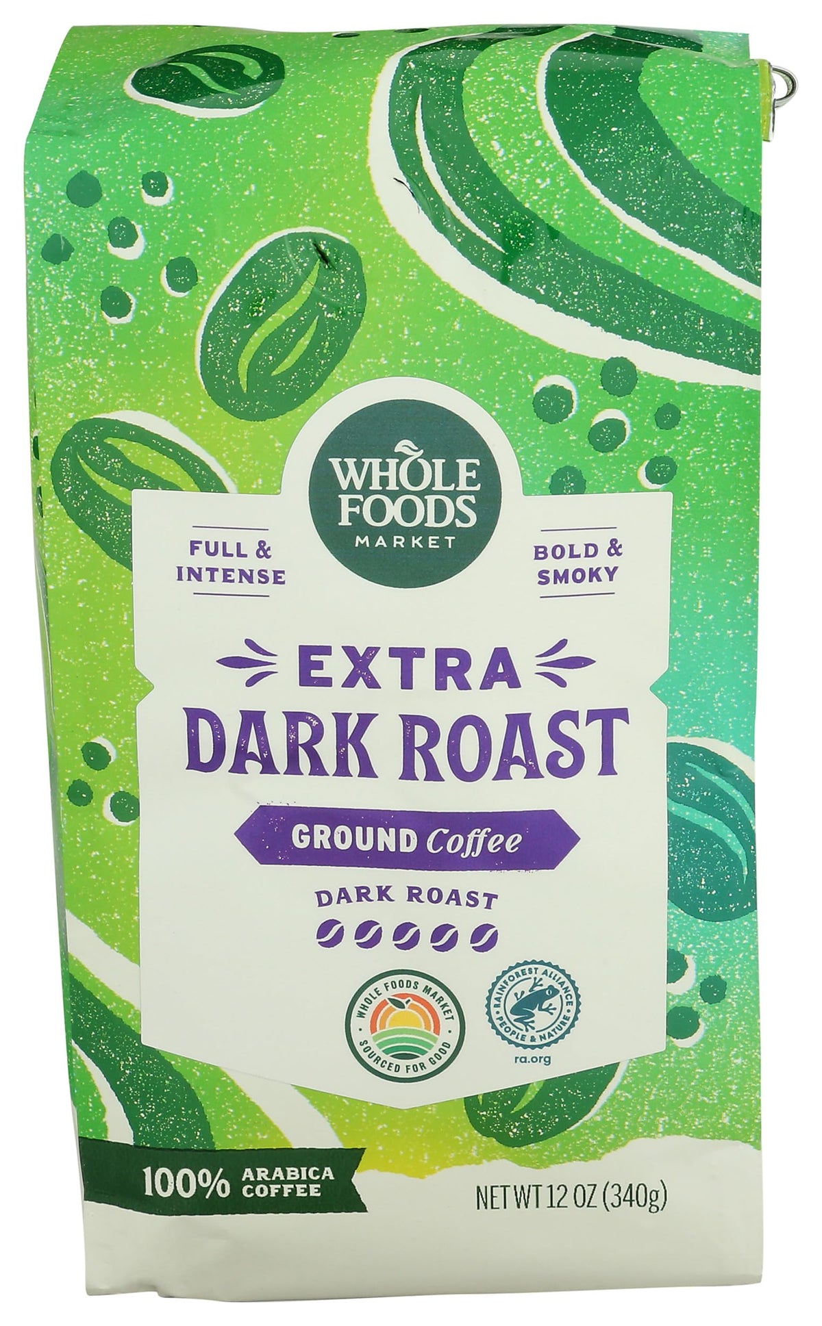 Whole Foods Market Extra Dark Roast Coffee bag showing bold aroma for rich mornings.
