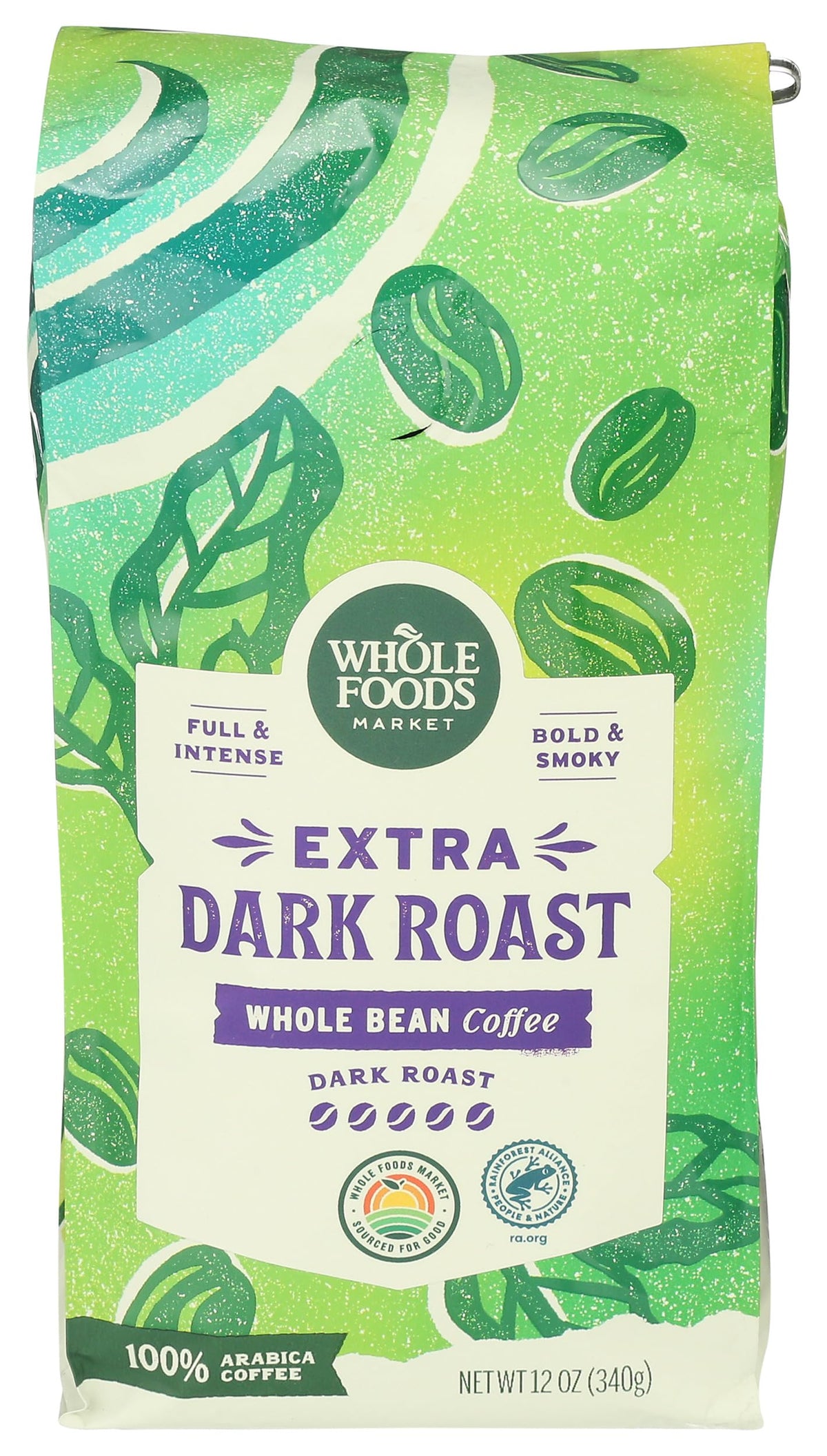 Whole Foods Market Extra Dark Roast coffee bag with bold aroma and rich profile.