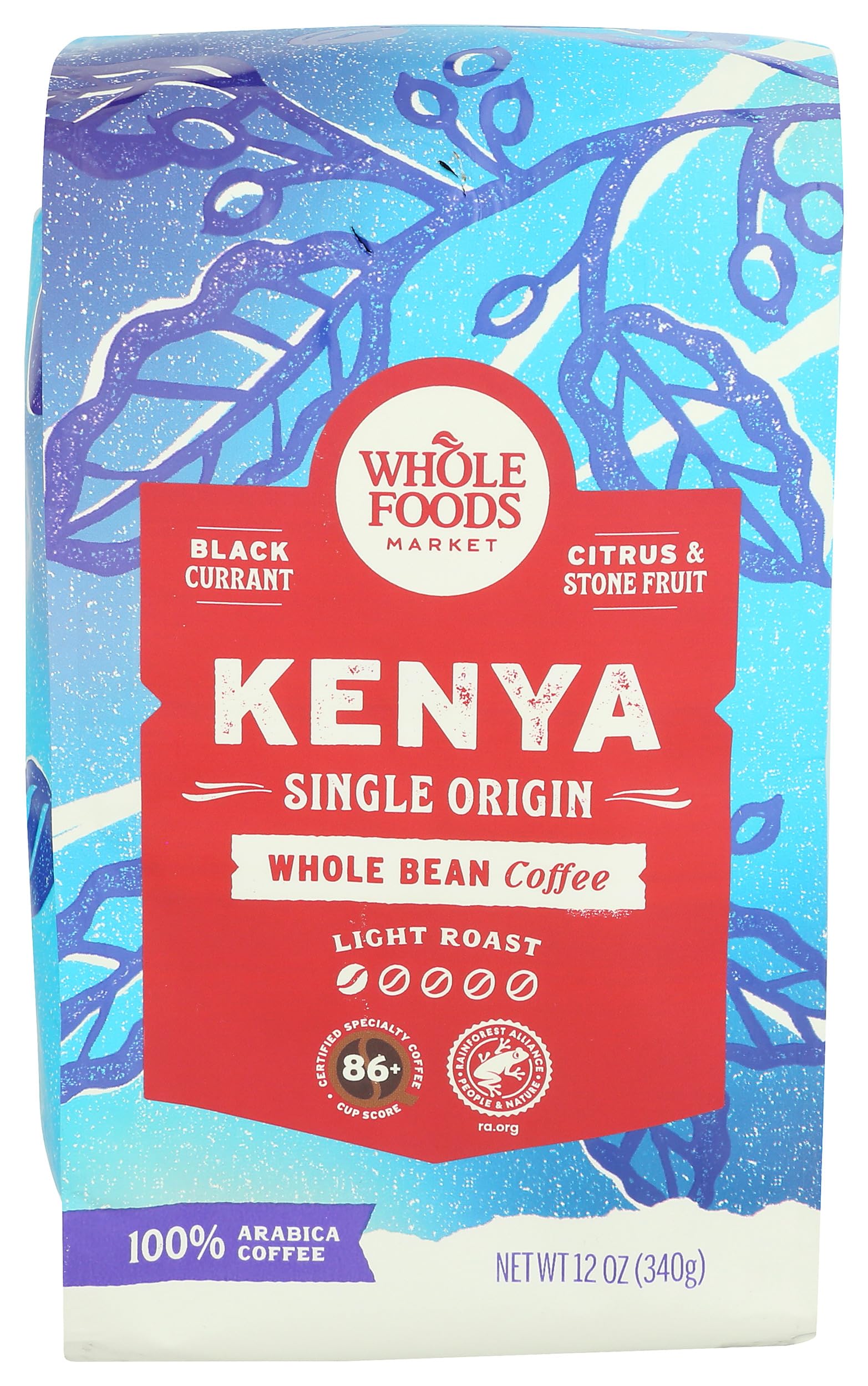 Whole Foods Market Kenya single origin coffee bag captured for peak aroma and freshness.